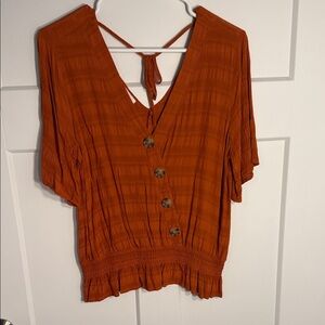 Maurices Rust Button-Front V-Neck Blouse with Tie Back